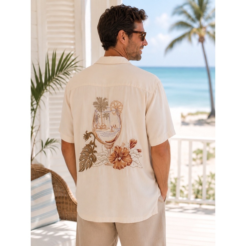 Vtg Luau Silk Shirt L Tropical Cocktail Embroidered Resort Tiki Aloha Vacation